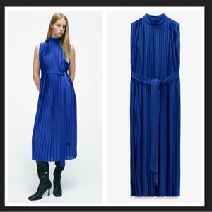 Zara Royal Blue Pleated Midi Dress Size M-L